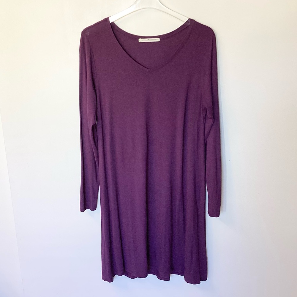 Peruvian Connection Long Sleeve V-Neck Stretch Jersey Dress - Purple - L - Picture 2 of 7